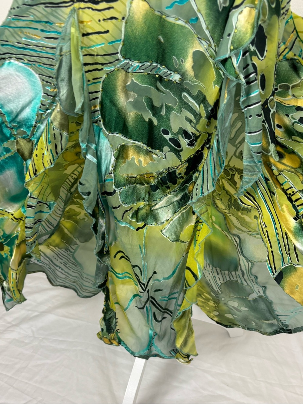 Vintage Artwear Silk Blend Burnout Velvet Beaded Halter Maxi Gown Green Abstract - Picture 12 of 14